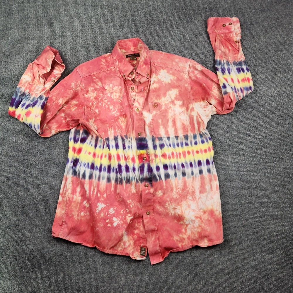 Ariat Mens Tie Dye Western Button Down Shirt Pink Purple Yellow Cotton Medium